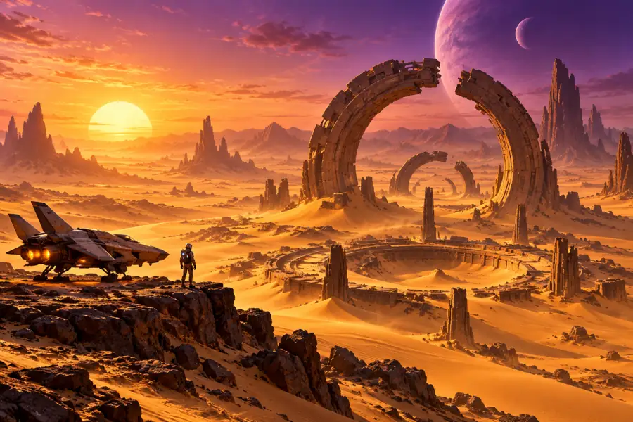 Ancient circular ruins on a golden desert planet