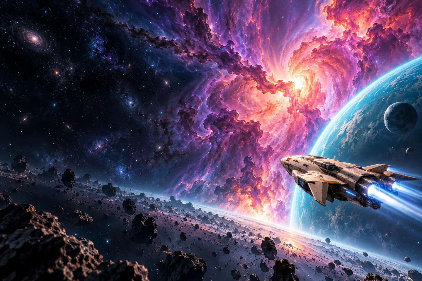Exploration ship approaching a vivid nebula