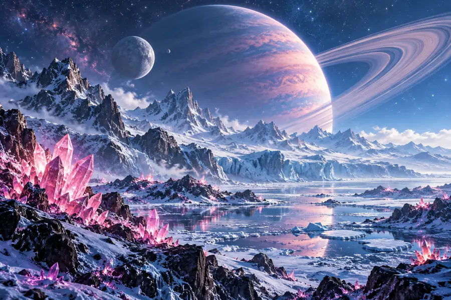 Glowing crystals on an icy moon beneath a ringed planet