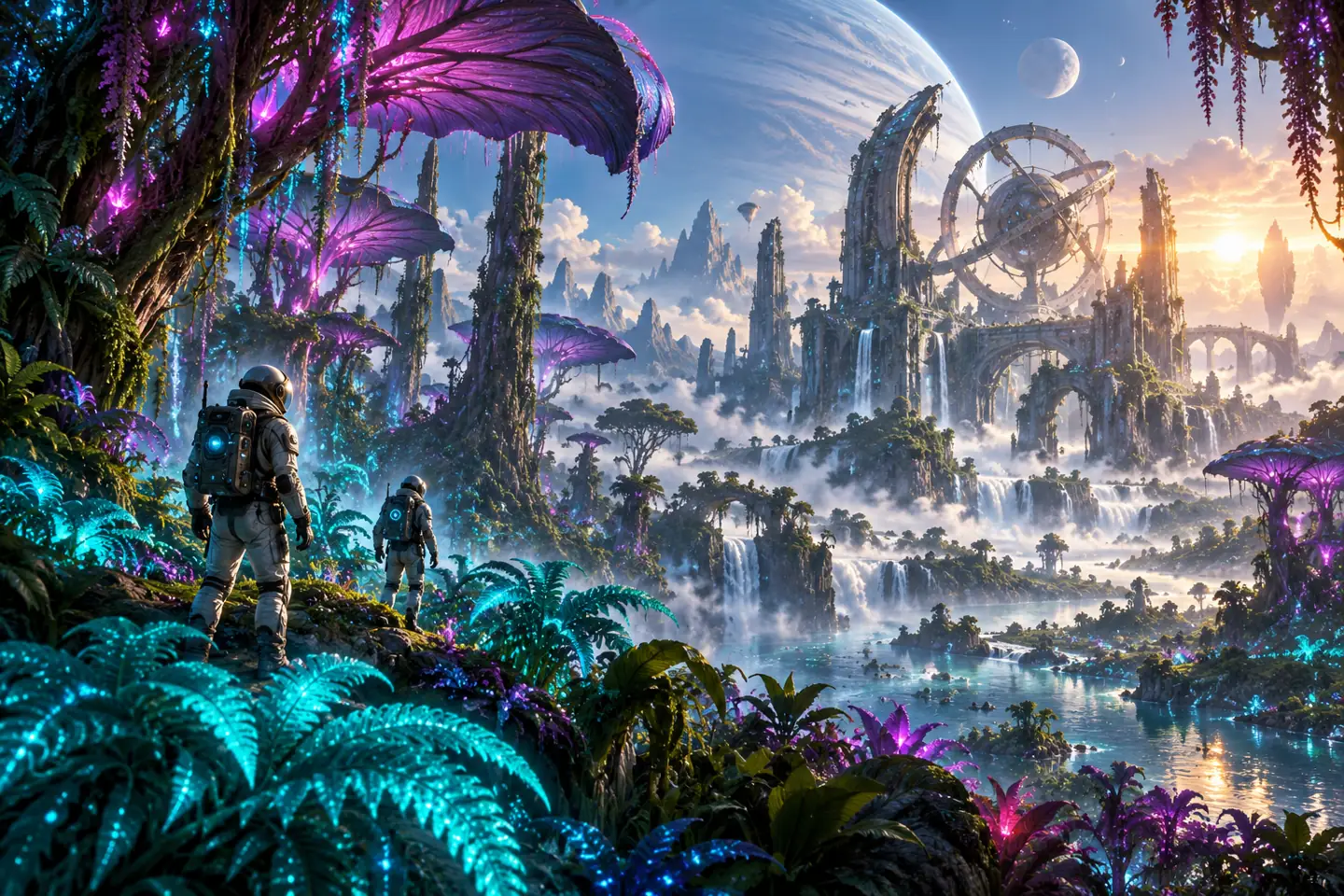 Astronauts exploring a bioluminescent forest and alien observatory
