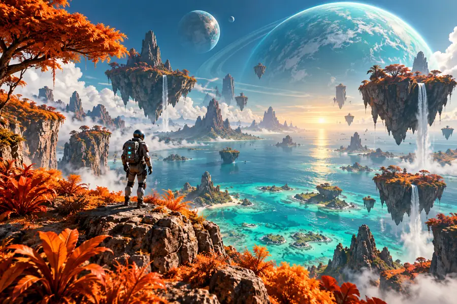 Floating islands above a turquoise alien ocean